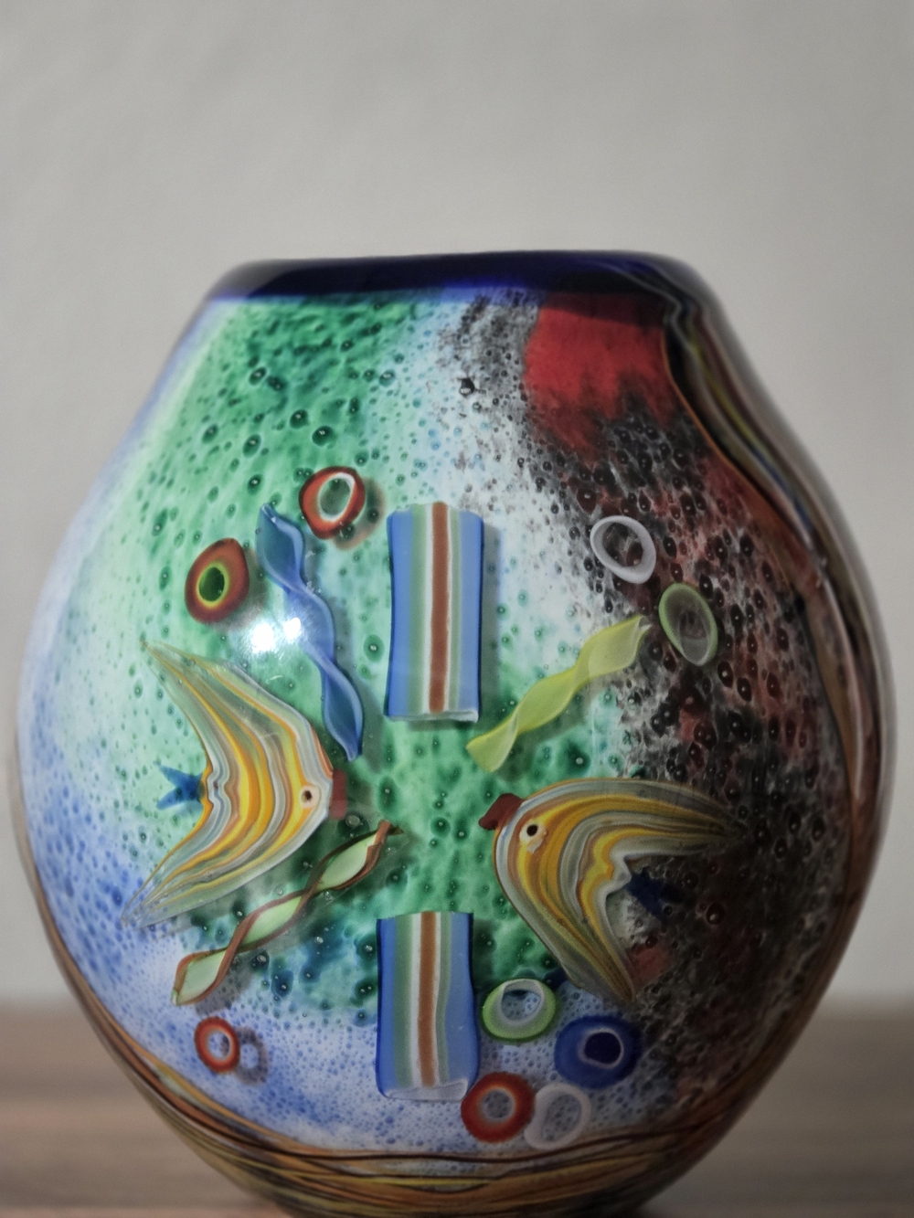 Handblown Art Glass Vase with Colorful Fish Millefiori Design